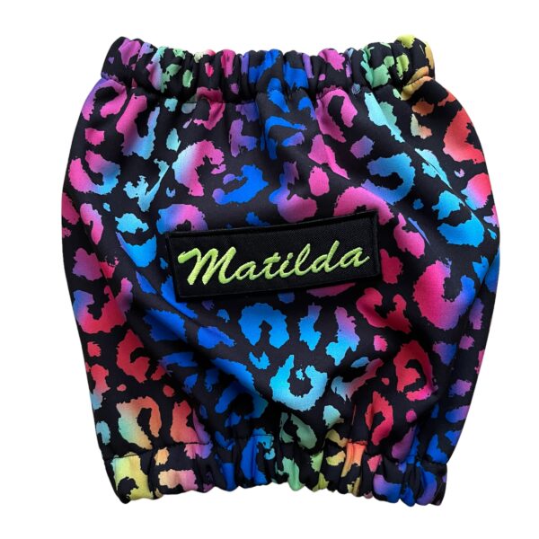 Waterproof fleece dog snood with neon-colored embroidered name