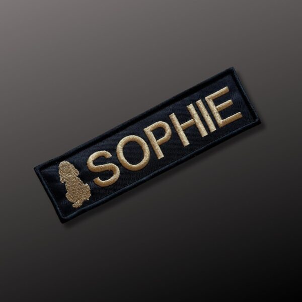 Customized harness patch with Cocker Spaniel silhouette + name